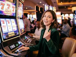 cczz casino link confident young woman playing slot machines inside a casino floor