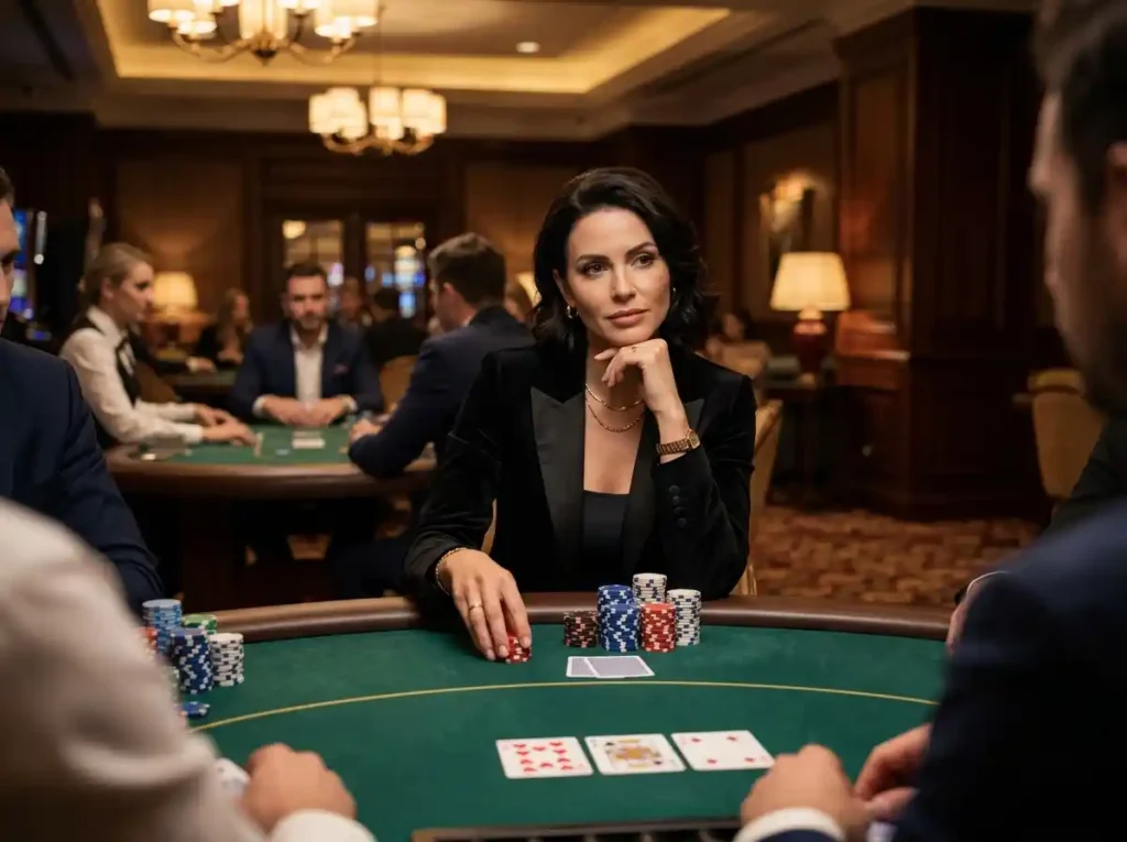 cczz casino link elegant female gambler sitting at a poker table inside a casino playing cards in a lively gaming environment