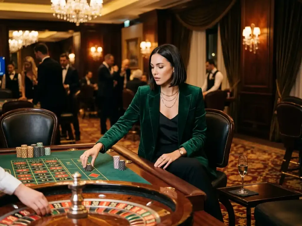 Stylish woman gambler enjoying the casino floor at a luxury venue, cczz casino link featured in the context of an elegant gaming atmosphere.