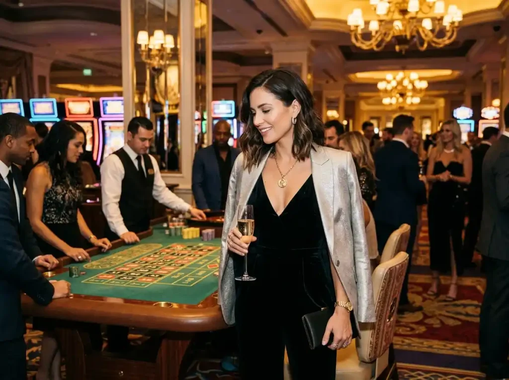 cczz slot fashionable lady enjoying casino gaming lifestyle inside a real casino floor with vibrant lights and slot machines
