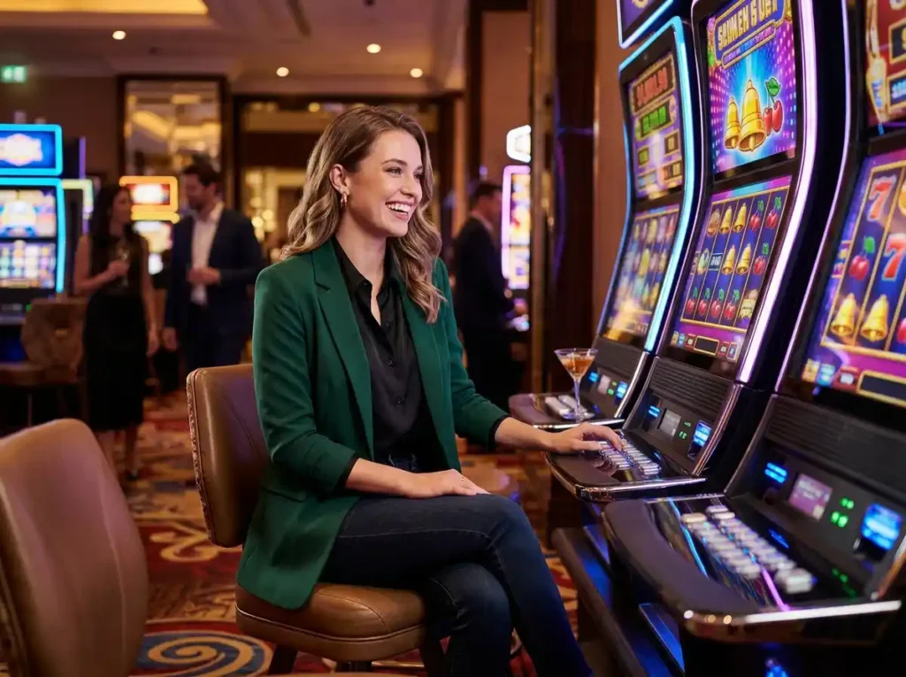 cczz slot – stylish casino guest enjoying slot machines inside a real casino floor with vibrant lights and lively gaming atmosphere