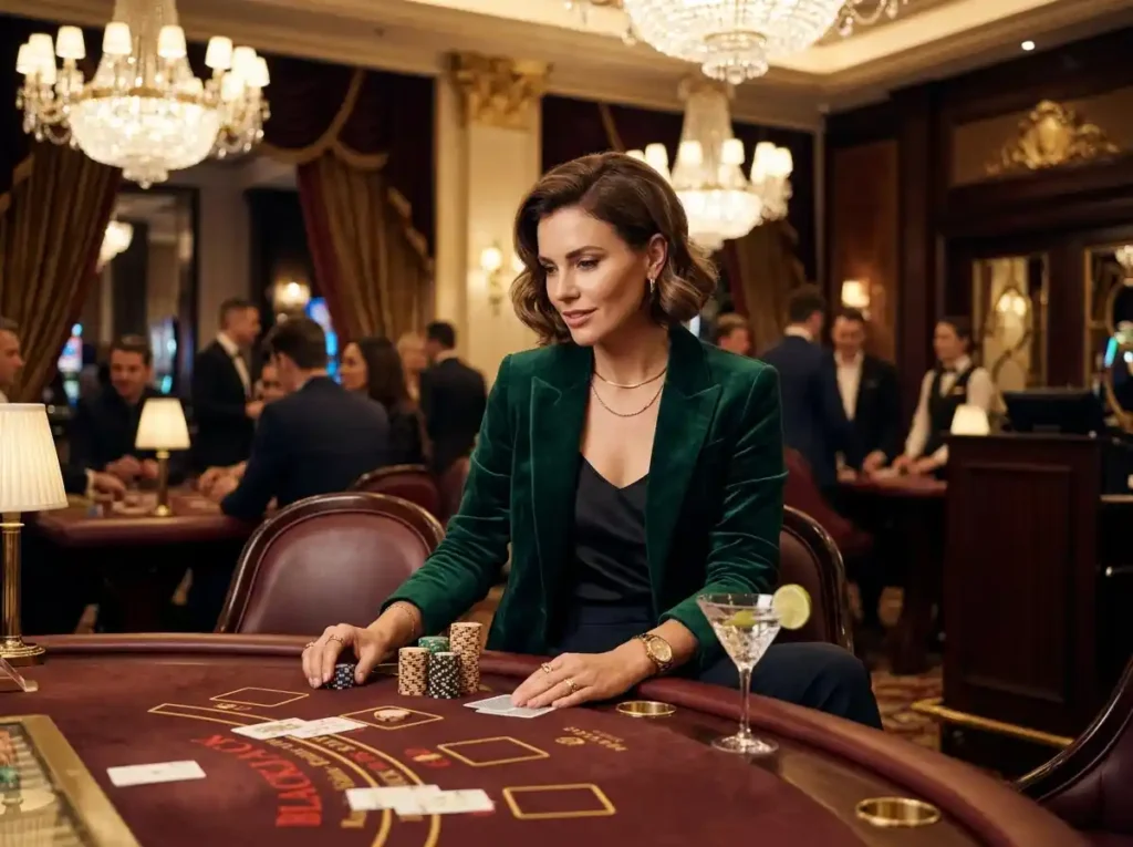 cczz slot stylish female gambler enjoying a win inside a luxury casino floor with gaming tables and slot machines in the background