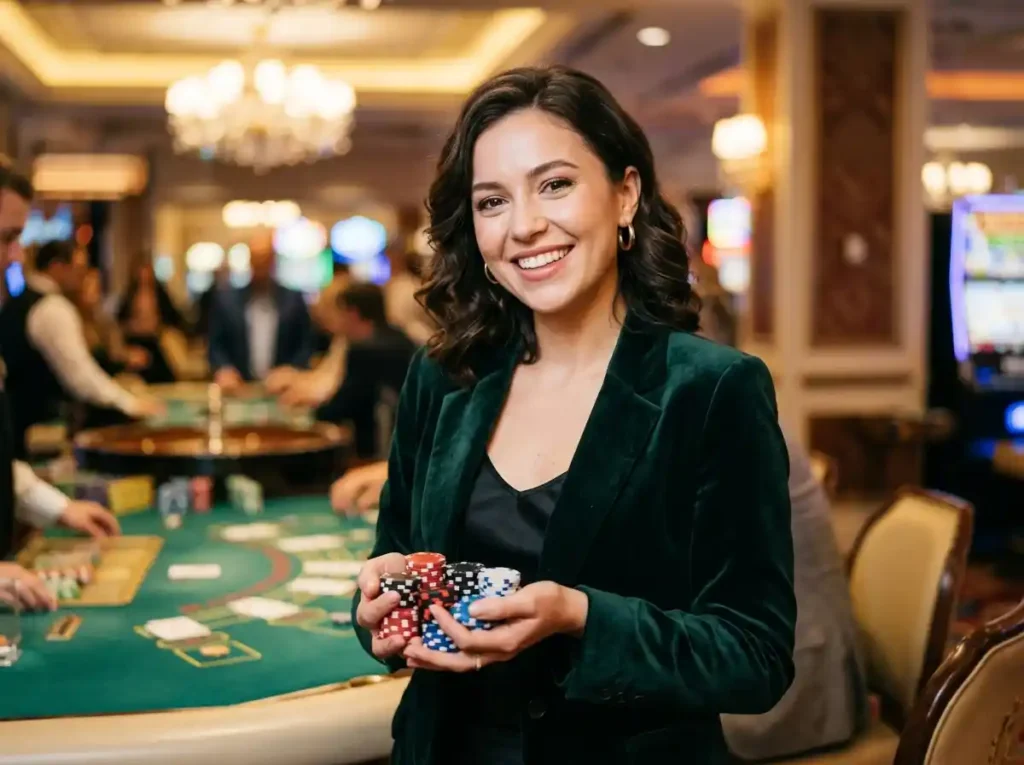 epic jackpot slots – beautiful woman holding casino chips while enjoying a winning moment inside a lively casino floor