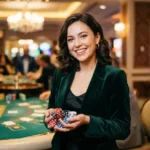 epic jackpot slots – beautiful woman holding casino chips while enjoying a winning moment inside a lively casino floor