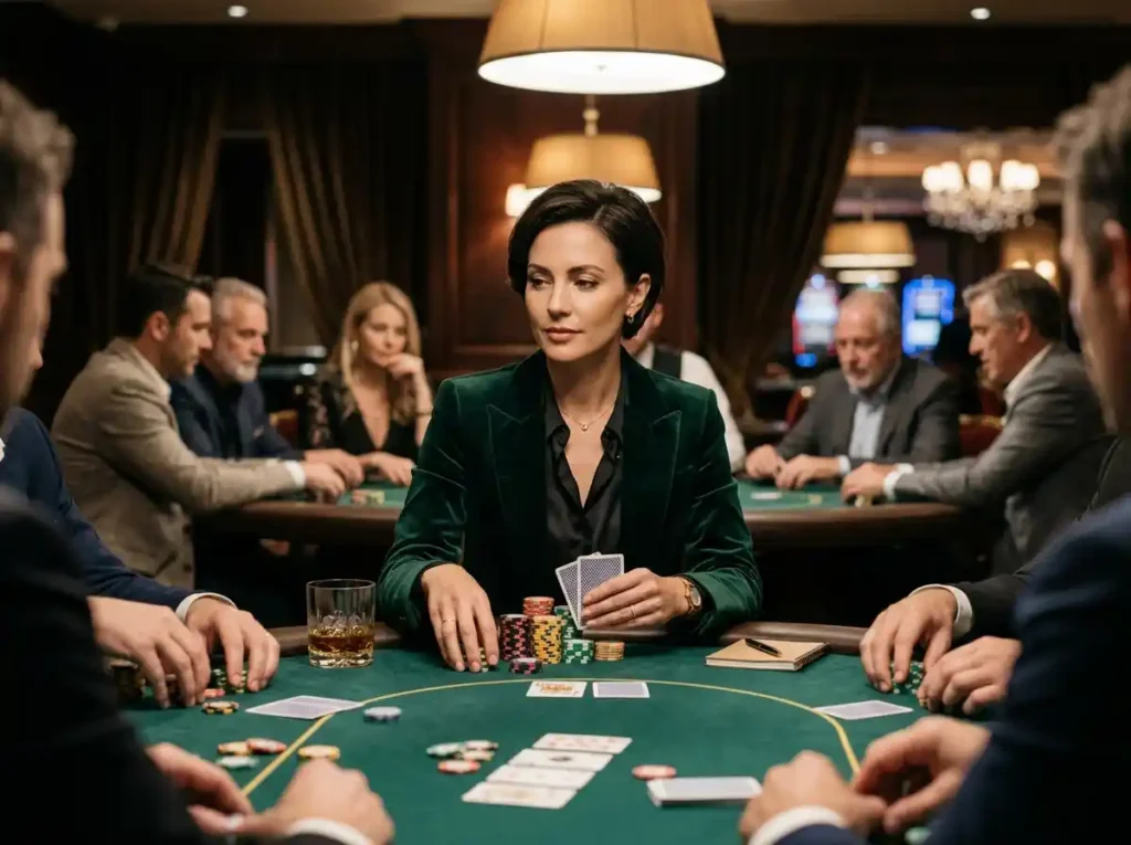 epic jackpot slots elegant woman gambler sitting at a poker table inside a real casino enjoying a high-stakes game