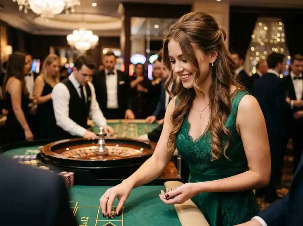 Epic jackpot slots – elegant young woman at roulette table inside a casino, enjoying live gaming atmosphere.