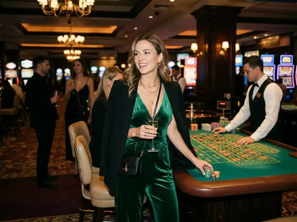 Epic Jackpot Slots – fashionable woman enjoying a lively casino floor, surrounded by slot machines and vibrant lights in a real casino setting.