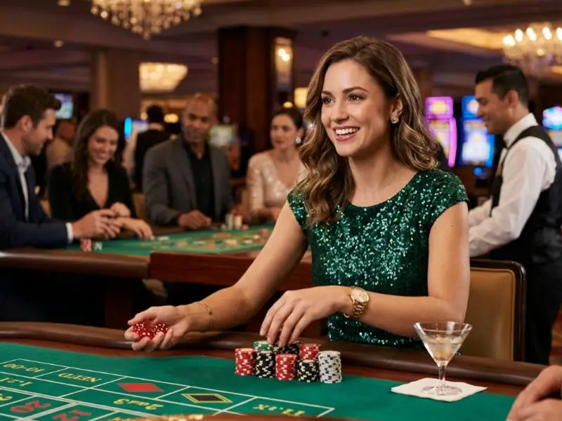 Fortuner game lady holding casino chips and dice inside a real casino floor