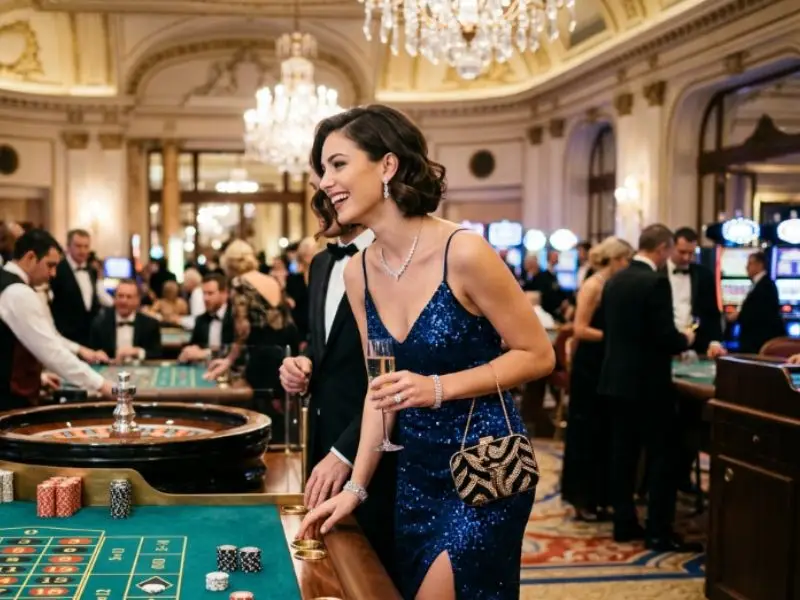 Fortuner game scene featuring a woman in an evening dress inside a real casino floor with gaming tables and lights