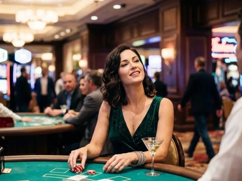 fortuner game woman player enjoying casino atmosphere inside a real casino floor with slot machines and vibrant lights