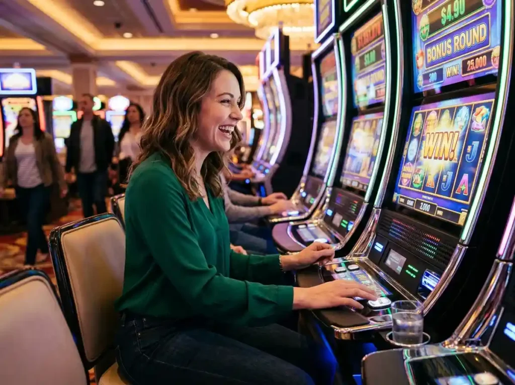 go jackpot slot attractive lady enjoying slot machine session inside a real casino floor