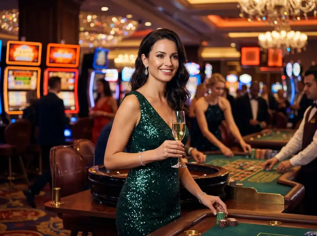 Glamorous young woman inside a casino surrounded by glowing slot machine lights playing go jackpot slot game.