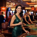 Glamorous young woman inside a casino surrounded by glowing slot machine lights playing go jackpot slot game.