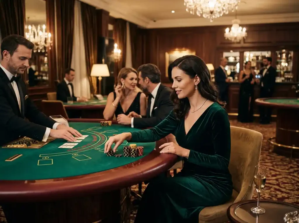 go jackpot slot luxury casino experience showing a woman playing casino games inside a real casino with vibrant lights and gaming machines