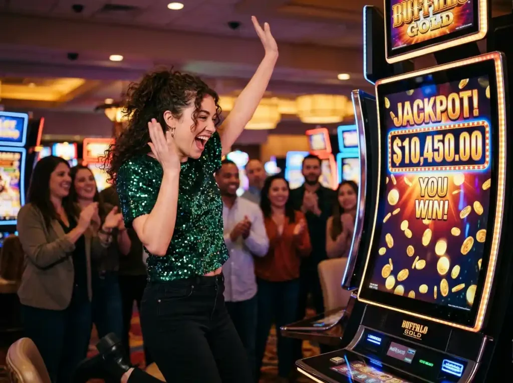 Young woman celebrating a slot machine win inside a casino while playing go jackpot slot in a lively gaming floor atmosphere.