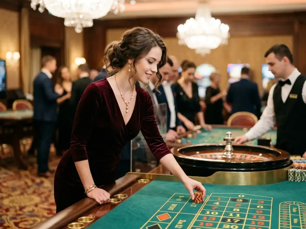 Elegant young woman enjoying roulette inside a casino, inspired by the excitement of phbet apk gaming