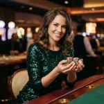 Pretty woman holding casino chips inside a lively casino while enjoying the phbet apk experience