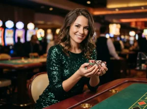 Pretty woman holding casino chips inside a lively casino while enjoying the phbet apk experience