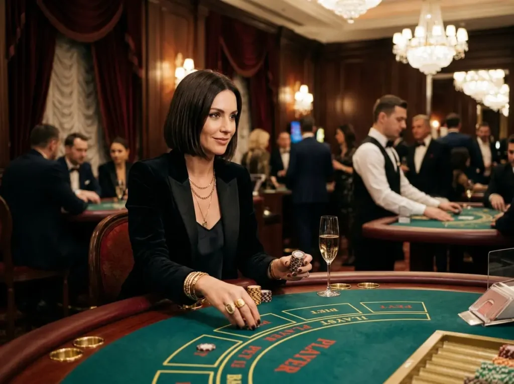Stylish woman gambler playing at a luxury casino table, representing the excitement of phbet apk gaming.