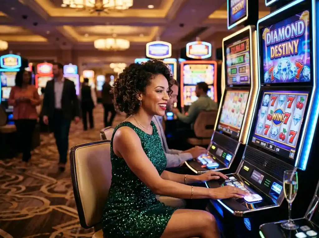 Stylish woman playing a slot machine inside a lively casino, representing the excitement of the phbet apk experience.