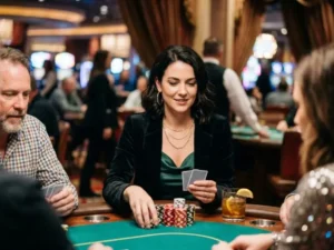 Fashionable female player sitting at a poker table inside a casino enjoying gameplay atmosphere with scatter free bonus theme