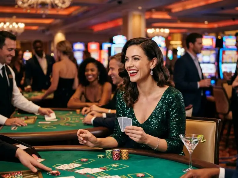 scatter free bonus — young woman enjoying a lively casino night indoors, surrounded by slot machines and vibrant lights