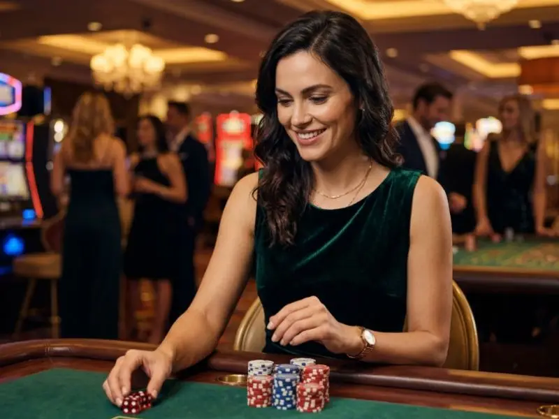Woman inside a casino holding poker chips and dice during play, representing scatter free bonus excitement on the gaming floor.