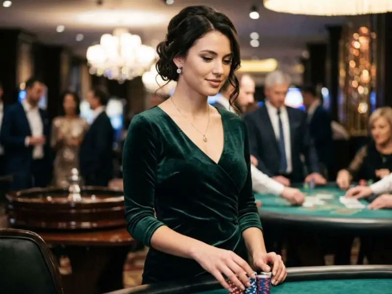 Young woman holding casino chips at a poker table inside a casino, scatter free bonus promotion theme