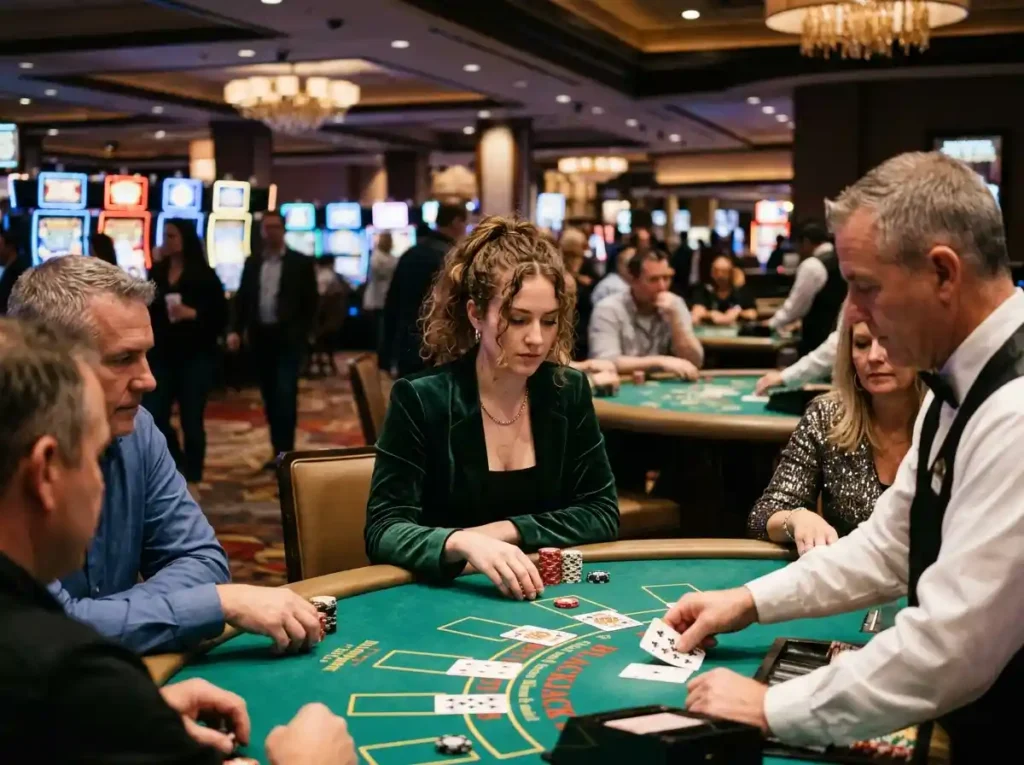 slot jackpot monitor showing a female player seated at a blackjack table inside a casino floor, watching the game and surrounding slot machines