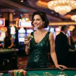 slot jackpot monitor featuring a glamorous woman standing inside a casino surrounded by glowing slot machines and jackpot displays