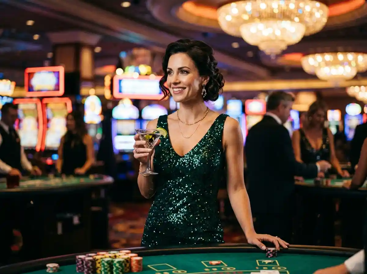 slot jackpot monitor featuring a glamorous woman standing inside a casino surrounded by glowing slot machines and jackpot displays