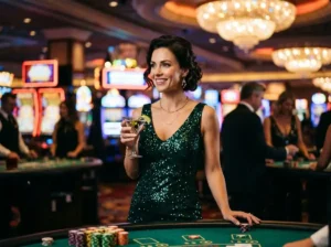 slot jackpot monitor featuring a glamorous woman standing inside a casino surrounded by glowing slot machines and jackpot displays
