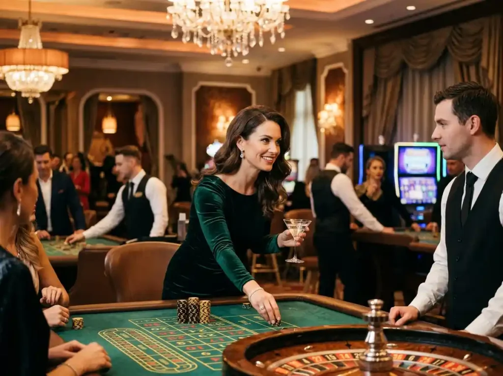 slot jackpot monitor displaying live jackpot updates inside a luxury casino with a female player enjoying table games on the casino floor