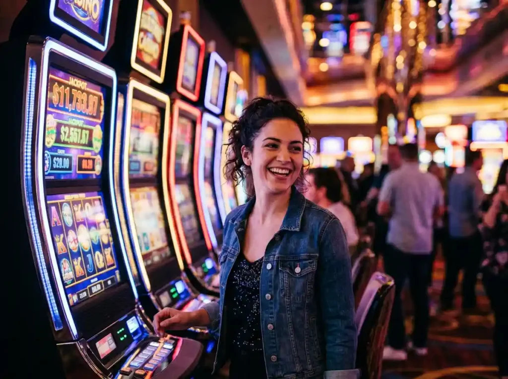 Smiling female player in a casino standing near glowing slot machines while looking at a slot jackpot monitor displaying results and lights.