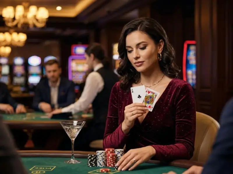 Wheel slot games casino player woman holding playing cards inside a lively casino floor with slot machines in the background