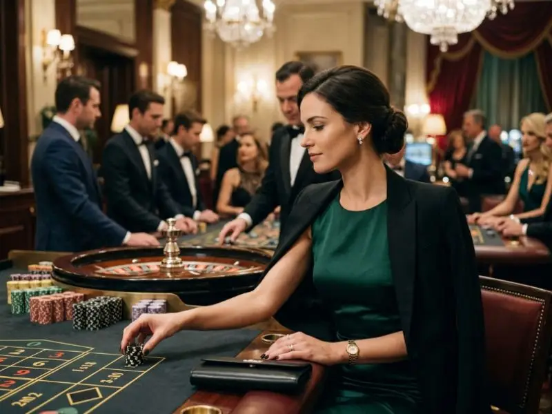 Elegant female gambler enjoying wheel slot games inside a luxury casino with bright lights and gaming tables in the background.