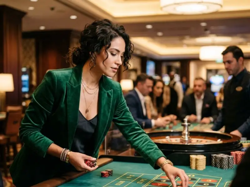 Wheel slot games scene featuring a stylish lady placing a bet at a roulette table inside a real casino floor