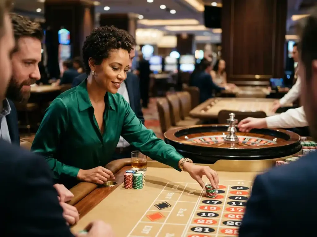 Confident woman placing chips on a roulette wheel inside a real casino at 55bmw slot casino, surrounded by gaming tables and casino lights.