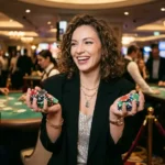 Fashionable lady holding winning casino chips inside a physical casino at 55bmw slot casino gaming area