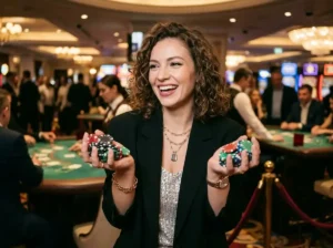 Fashionable lady holding winning casino chips inside a physical casino at 55bmw slot casino gaming area