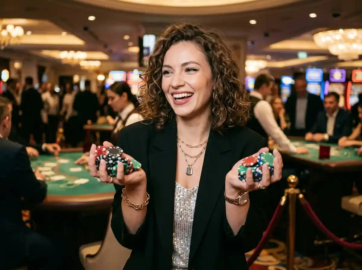 Fashionable lady holding winning casino chips inside a physical casino at 55bmw slot casino gaming area