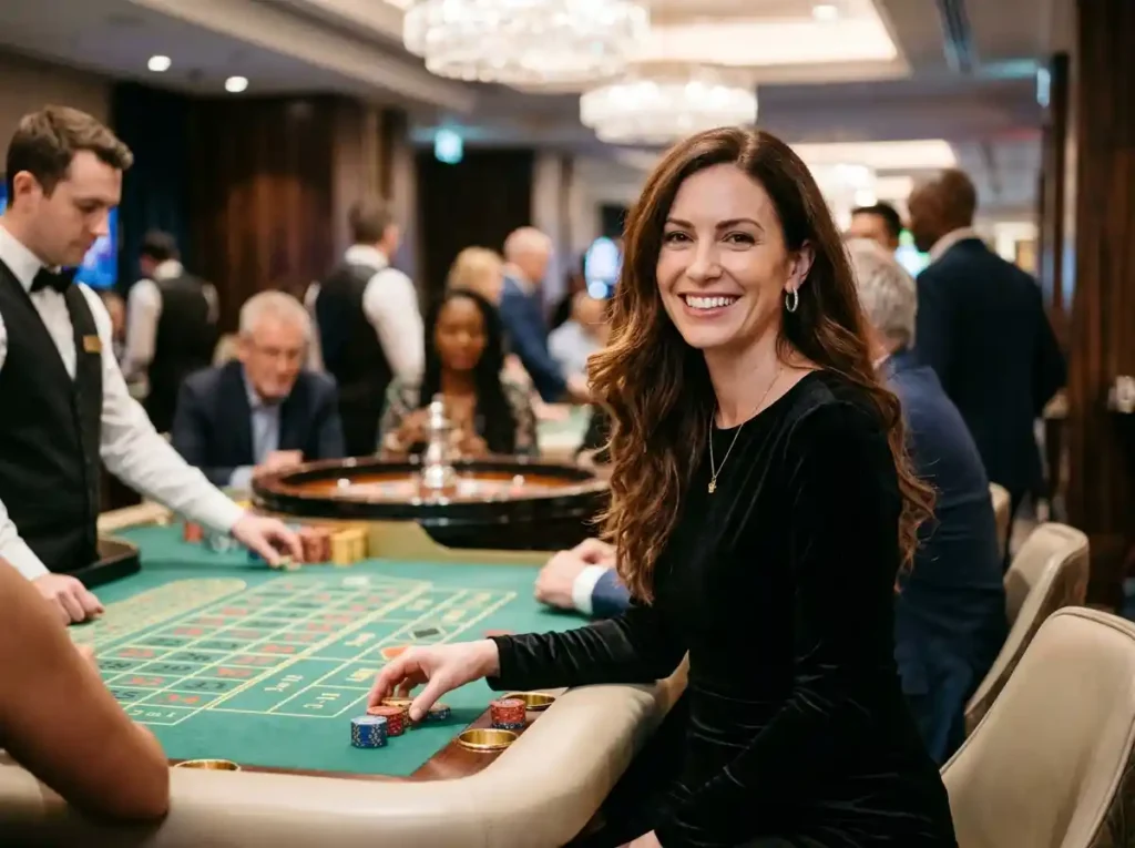 Elegant woman player smiling while enjoying roulette table inside a casino, capturing the excitement of 8k8 slots online gaming atmosphere.