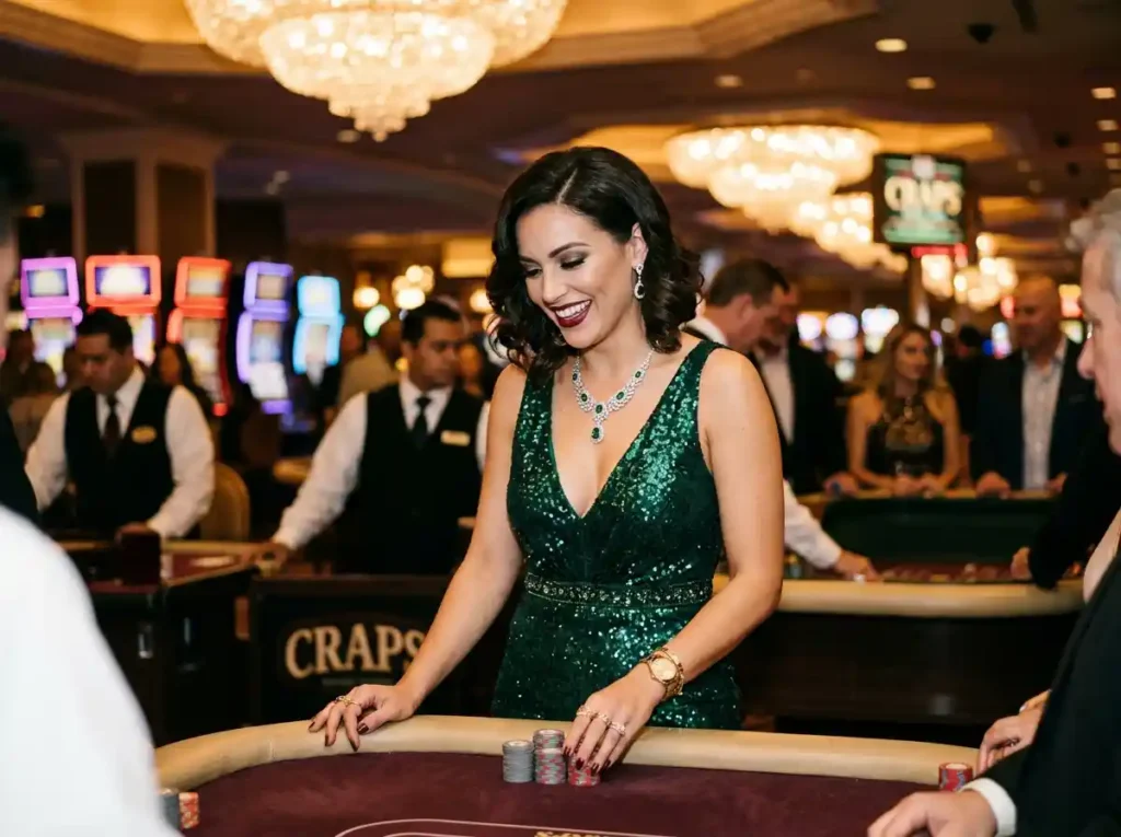 8k8 slots online glamorous woman player enjoying slot machines inside a casino with vibrant night lighting and glowing game screens