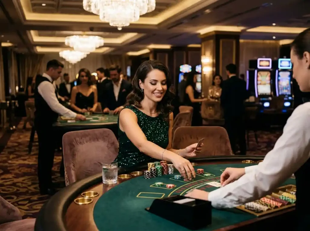 Woman enjoying a luxury casino night out inside a casino, playing slot machines featuring 8k8 slots online branding on the gaming floor.