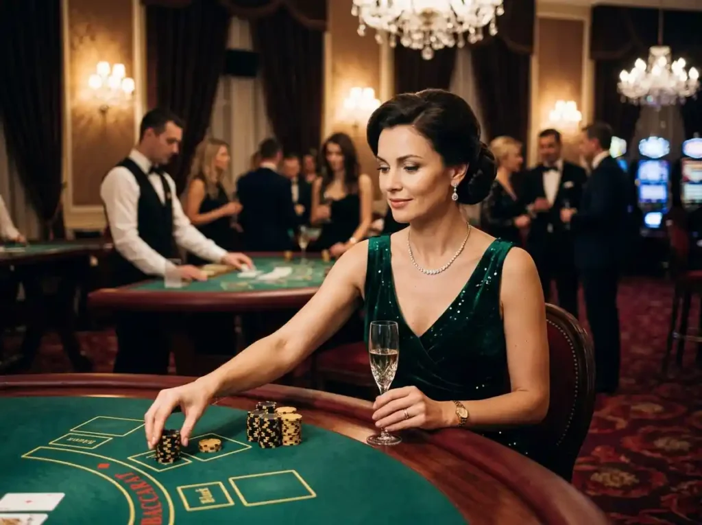 Elegant female gambler inside a real casino environment playing at a slot machine, featuring the keyword 9s slot casino in a natural setting.