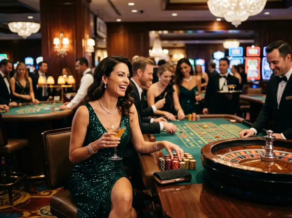 9s slot casino glamorous woman enjoying casino gaming inside a real casino with night lighting and vibrant atmosphere