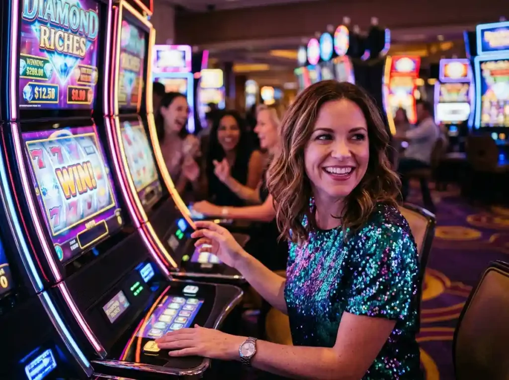 9s slot casino smiling woman near glowing slot machine lights inside a real casino floor