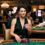 Stylish lady playing cards inside a real casino at 9s slot casino