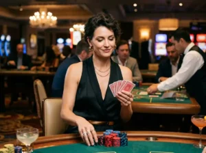 Stylish lady playing cards inside a real casino at 9s slot casino