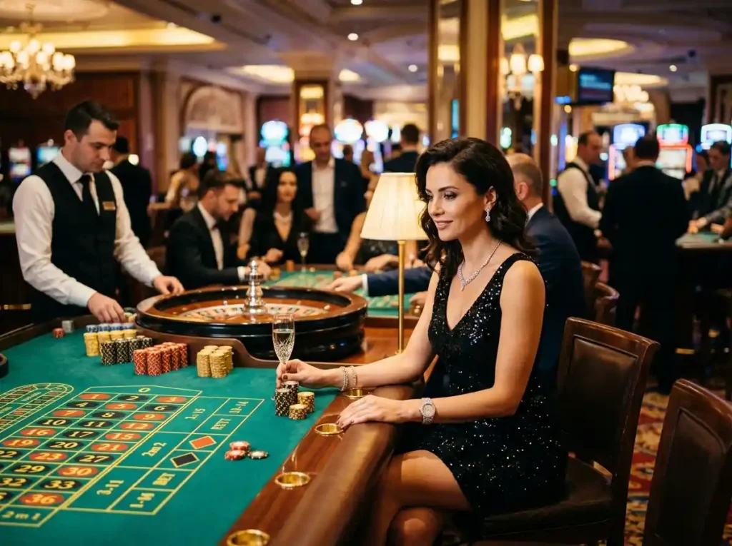 Elegant woman playing at a casino table inside a real casino at night, fachai casino atmosphere